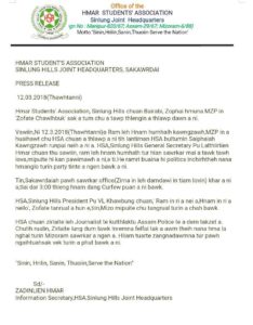 Lamhrawna le inzawma Sinlung Hills JHQ Press Release