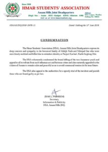 HSA Assam Hills JHQ Condemnation on Karbi Anglong incident