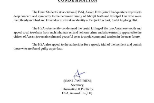 HSA Assam Hills JHQ Condemnation on Karbi Anglong incident
